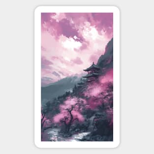 Serene Japanese Temple in Cherry Pink Mountains - Watercolor Painting Sticker